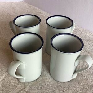 4 Dansk Coffee Mugs. Classic White Ceramic Mugs with Blue Rim